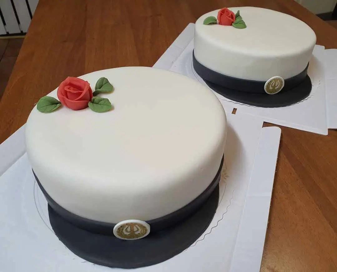 Kaksi ylioppilaslakin näköistä kakkua, joiden päällä on ruusukoristeita